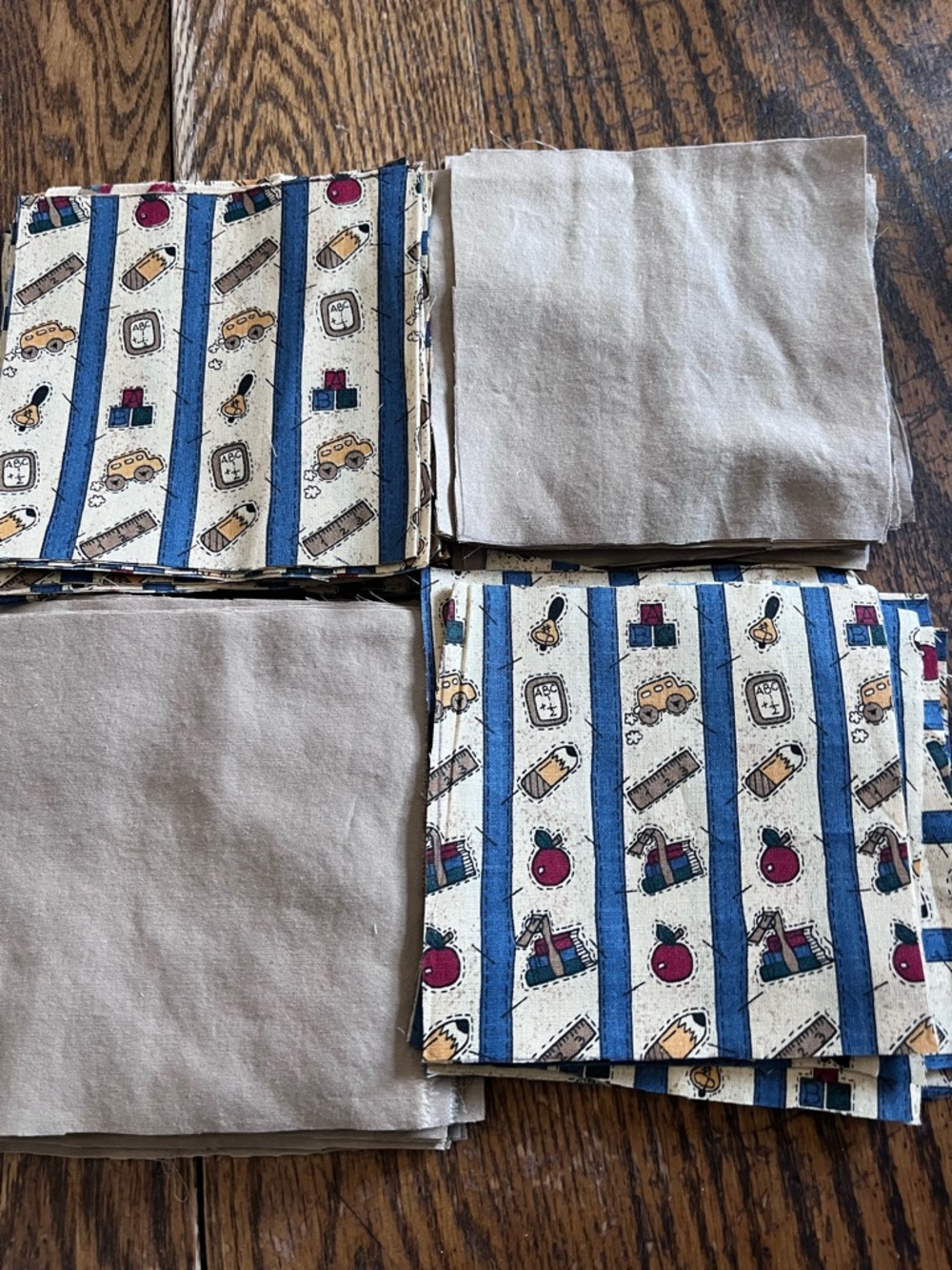 Quilt cotton patches Blue & Tan School Print fabric